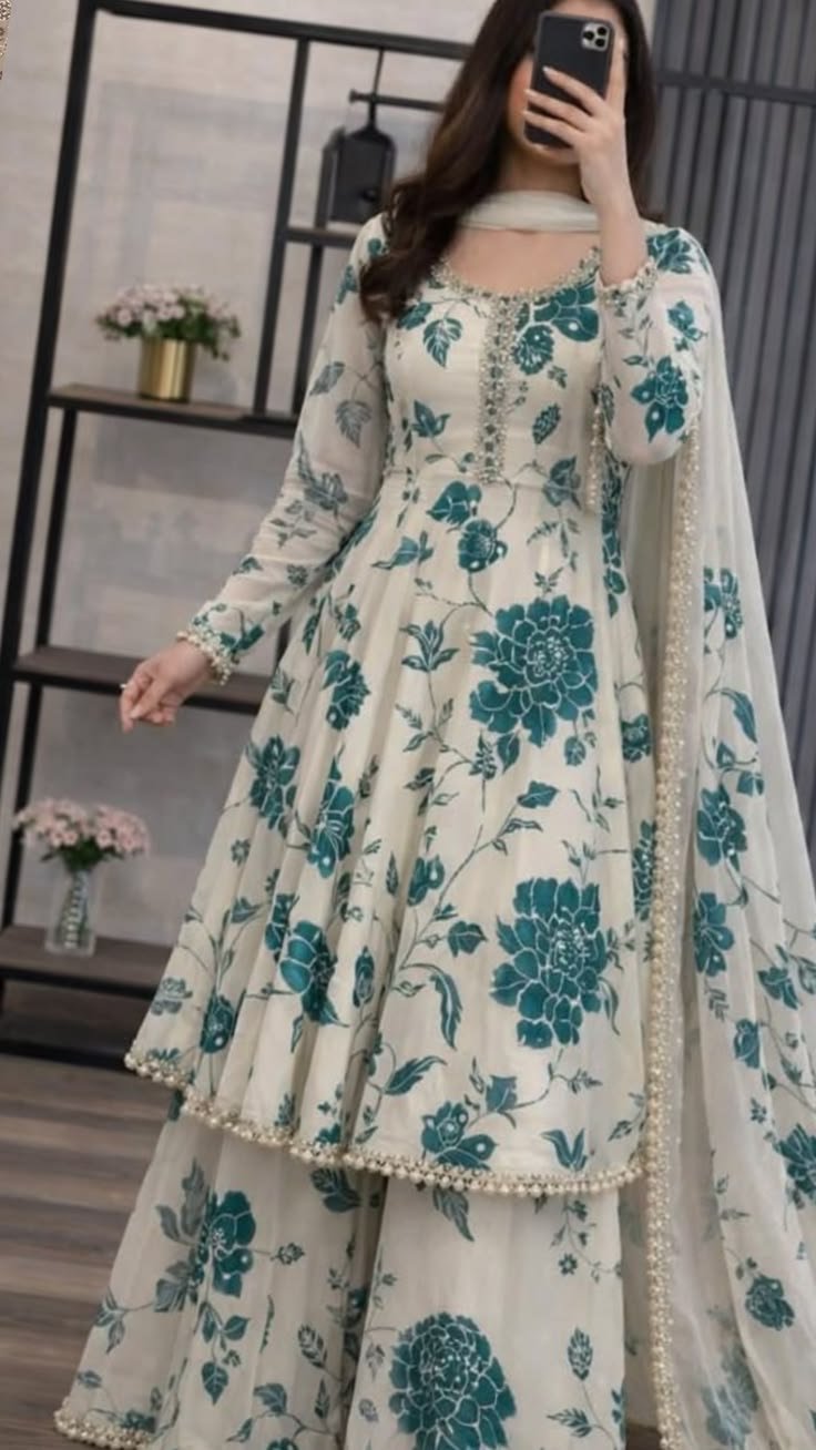 Women’s Ivory Floral Printed Anarkali Sharara Suit with Dupatta