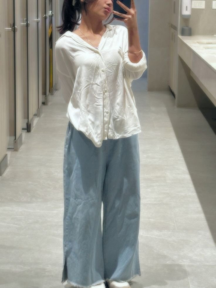 Women’s White Relaxed Button-Up Shirt with Light Blue Wide-Leg Palazzo Pants